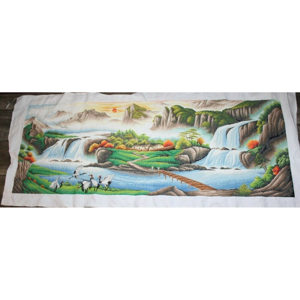 Japanese  Mountains Scene Large Cross Stitch Completed Waterfalls 21x58" HUGE
